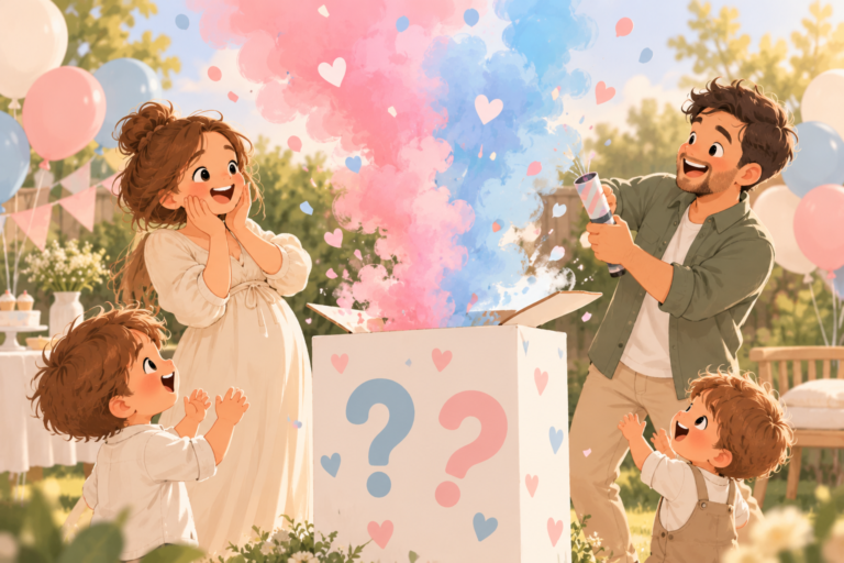 Illustration d'une gender reveal avec des couleurs qui sortent d'une caisse en carton