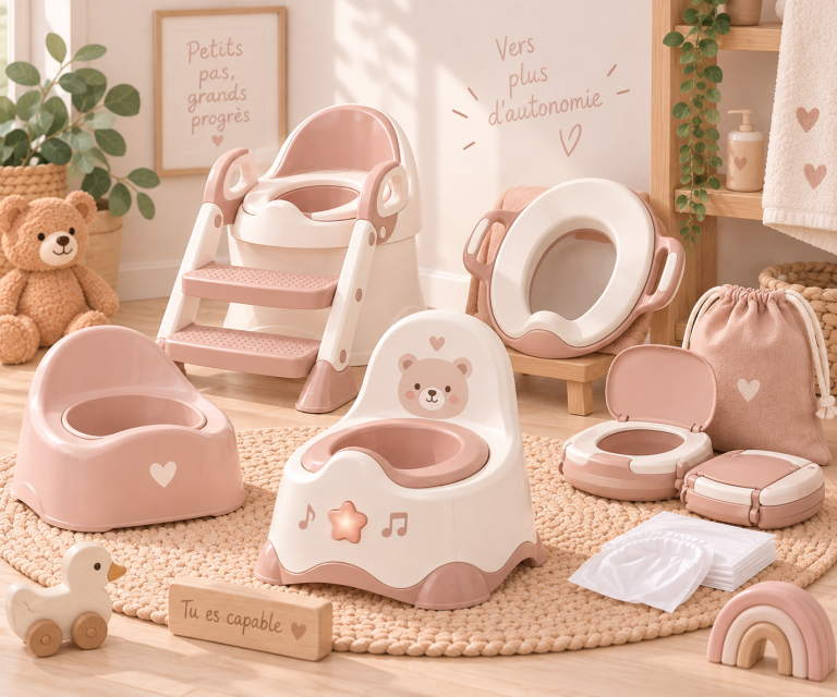 Illustration article comment choisir petit pot enfant avec différents petits pots dans les tons roses poudrés