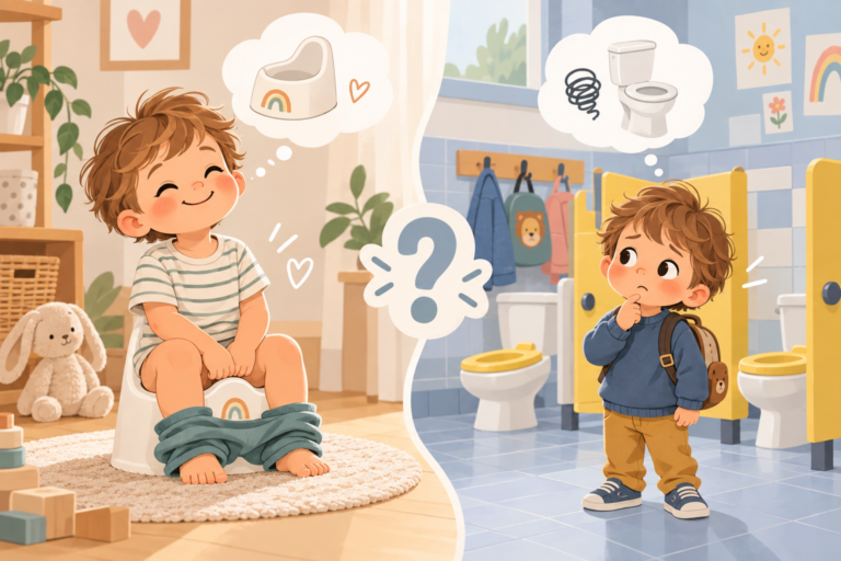 Enfant qui va au pot à la maison mais qui hésite à l'école