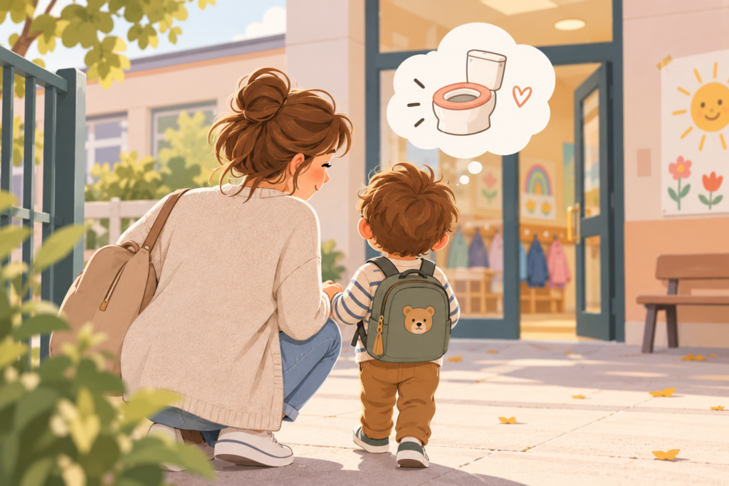 Illustration d'une maman qui accompagne son enfant à l'école et l'enfant pense aux toilettes de l'école